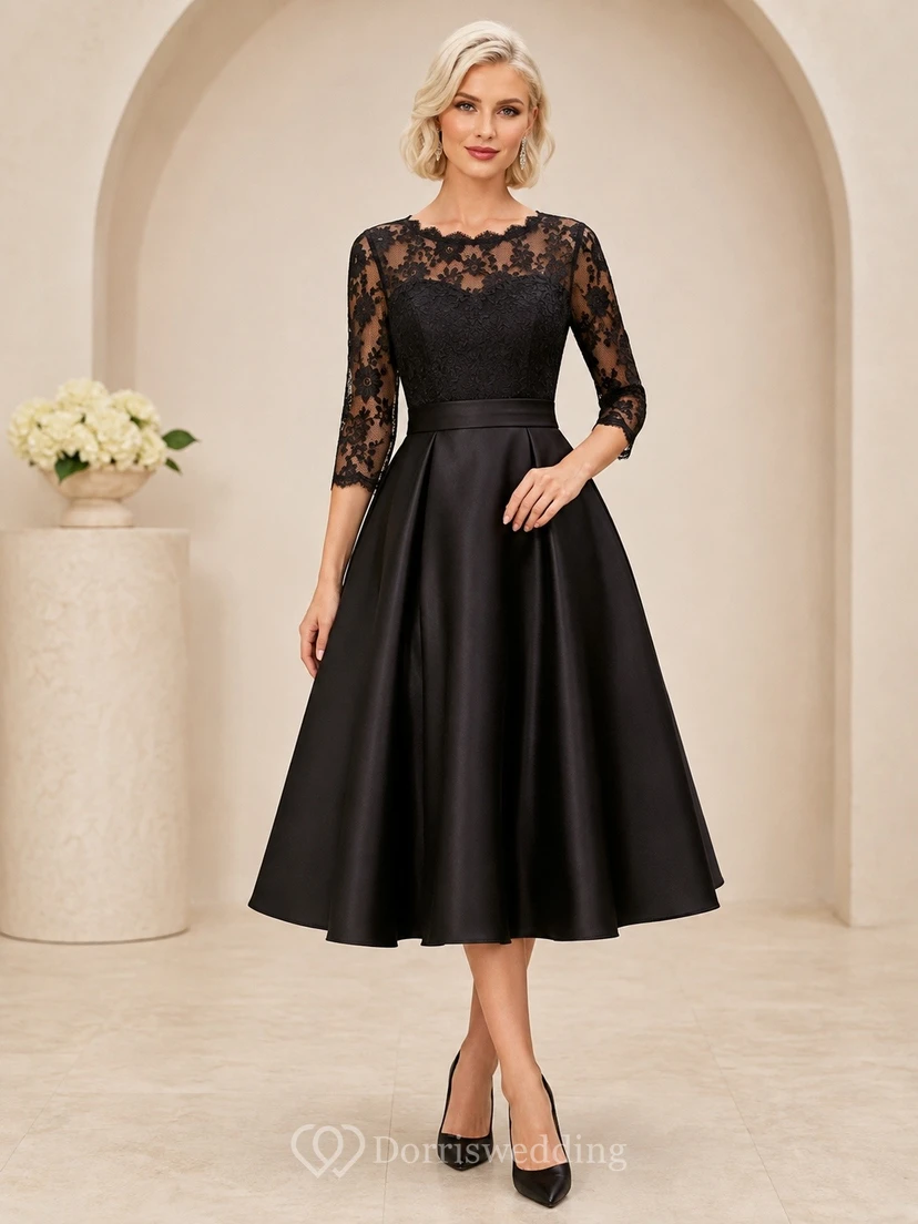 Black V-neck Illusion Sleeve Lace A-Line Tea-length Elegant Cocktail Dress