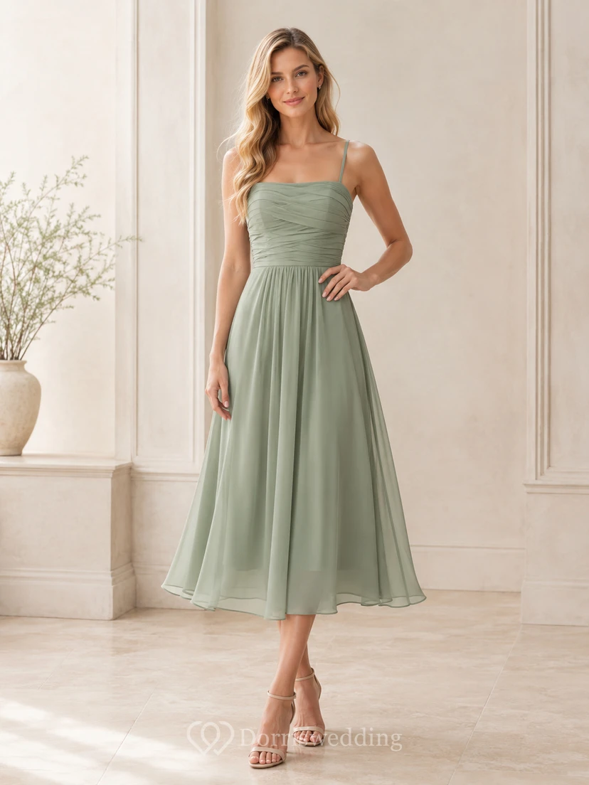 Schlichtes, cremefarbenes, quadratisches Spaghetti-Faltenkleid aus Chiffon in A-Linie mit Teelänge für Brautjungfern
