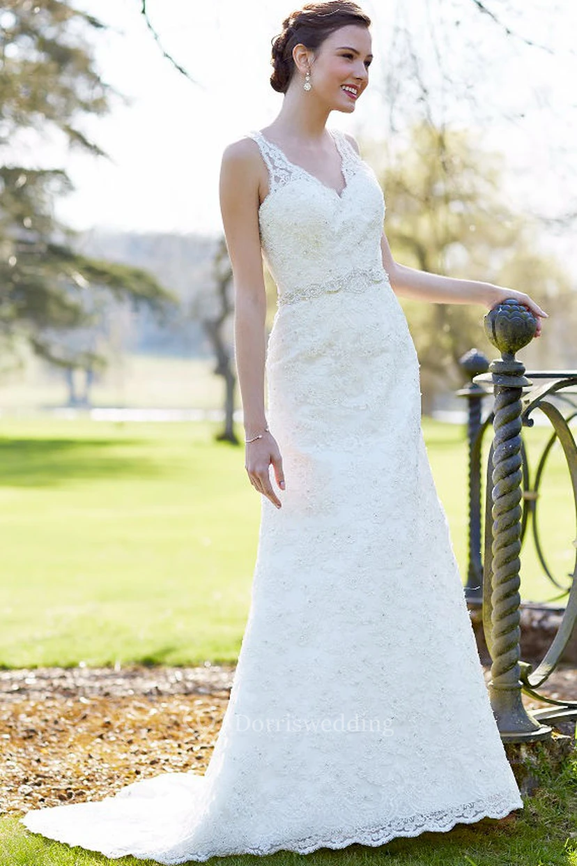 Sheath Floor-Length Sleeveless Appliqued V-Neck Lace Wedding Dress With Waist Jewellery
