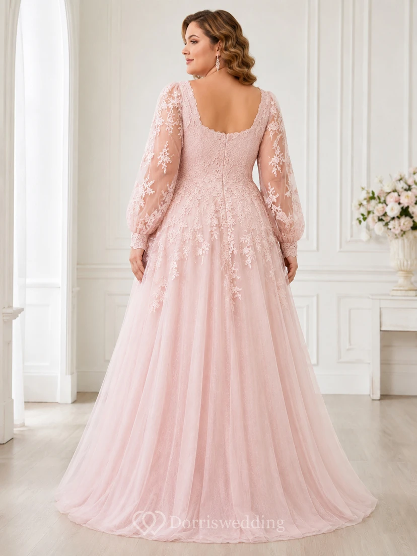 Blush Plus Size Square Neck Bishop Sleeve Lace Bridal Gown view 2
