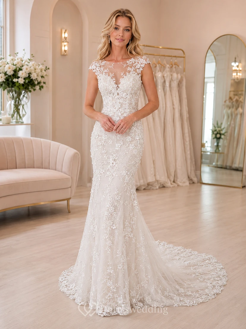 Brautkleid im Meerjungfrauenstil mit Perlenbesatz, kurzen Ärmeln und Spitze