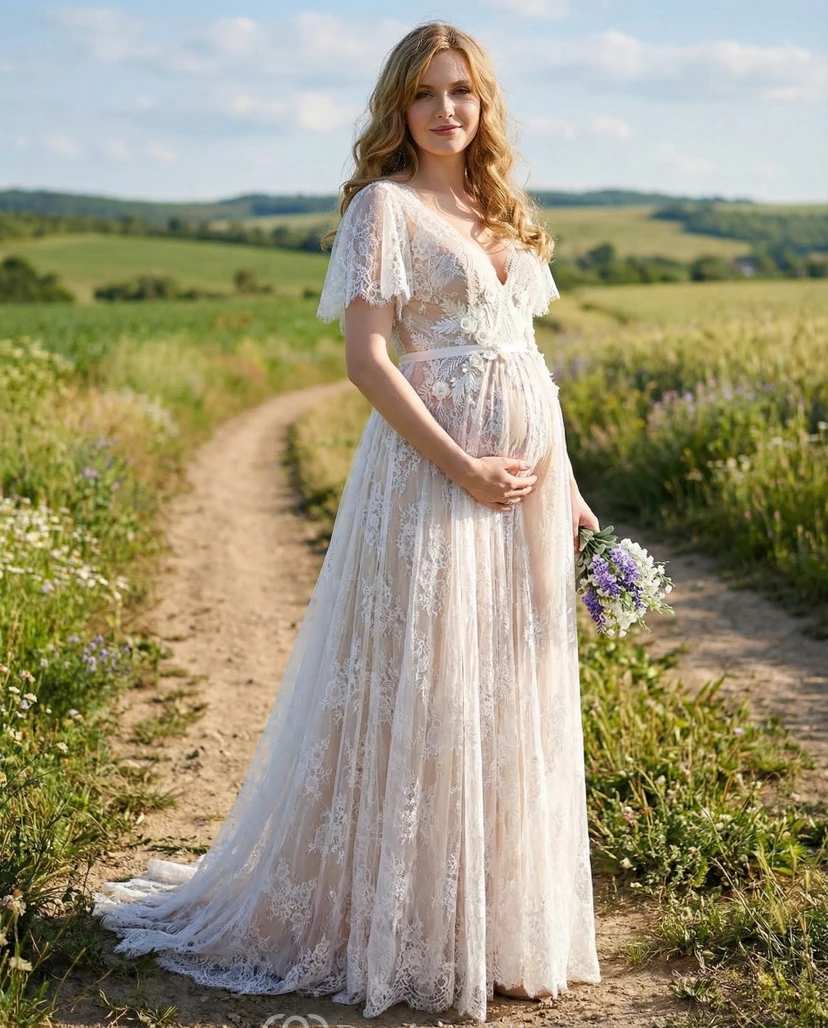 Robe de mariée bohème de maternité en dentelle transparente avec manches papillon et doublure rose poudré