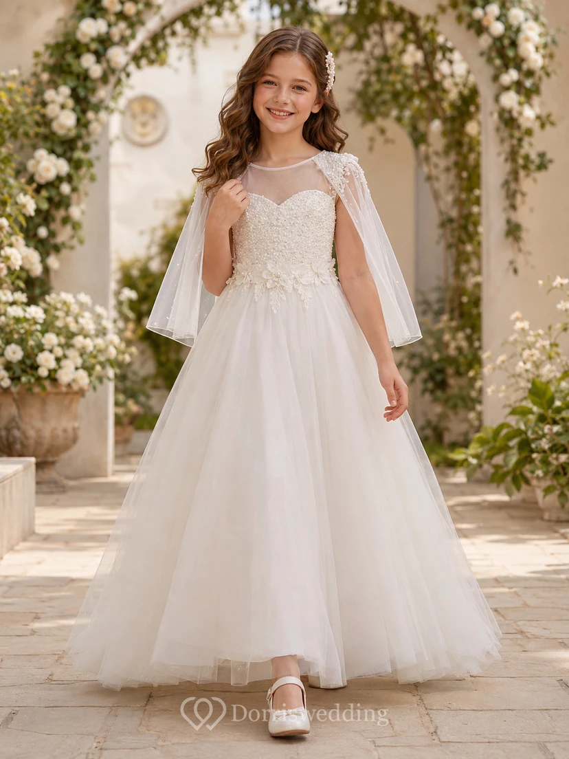 Illusion Sweetheart Cape Sleeve Lace First Communion Ballkleid