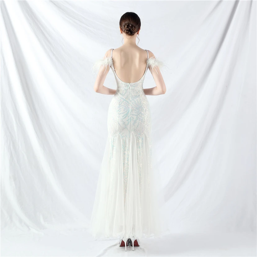 9-farbiges, handgefertigtes Abendkleid aus Kamelfedern, Netzstoff und Pailletten, sexy Trägern view 6