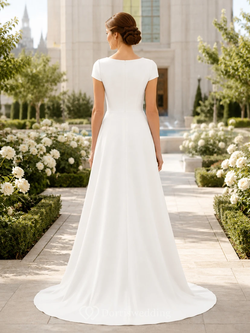 Vestido de novia de corte A modesto con mangas cortas estilo Temple Garden view 2