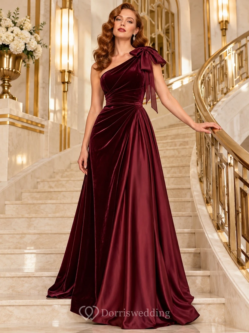 Robe de soirée longue en velours bordeaux à une épaule et à fronces, années 1980