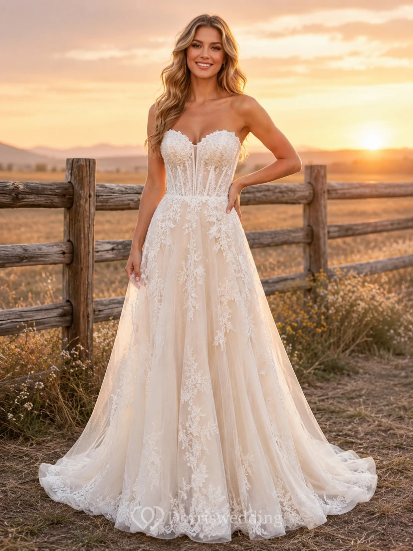 Western Rustic Strapless Lace A-Line Wedding Dress With Train