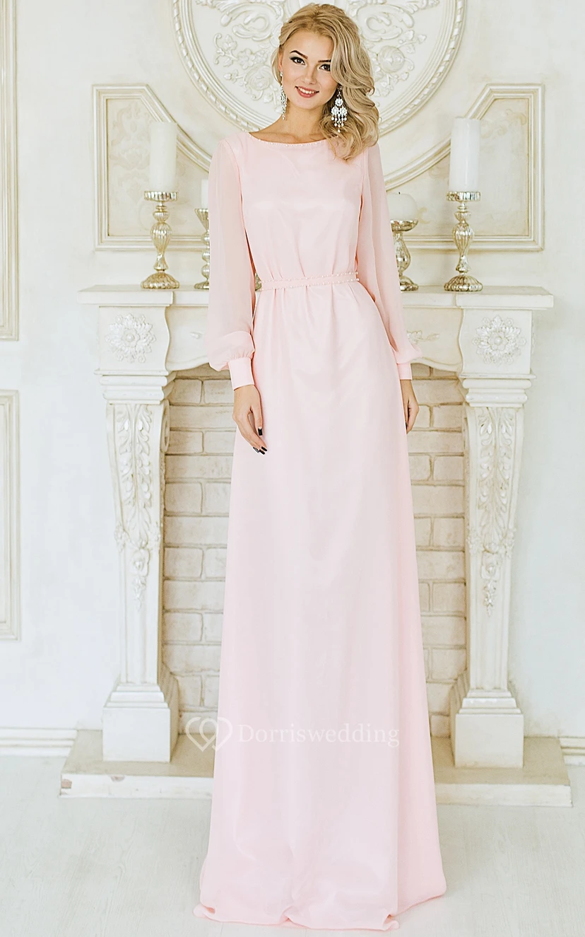 Sheath Floor-Length Jewel Long Sleeve Chiffon Crystal Detailing Pleats Low-V Back Dress