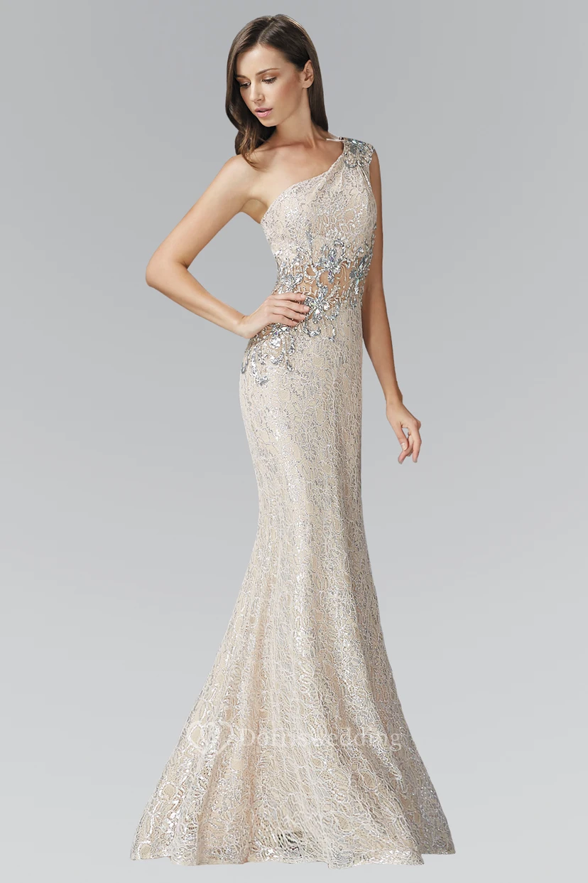 Sheath Maxi One-Shoulder Sleeveless Lace Dress With Beading And Pleats