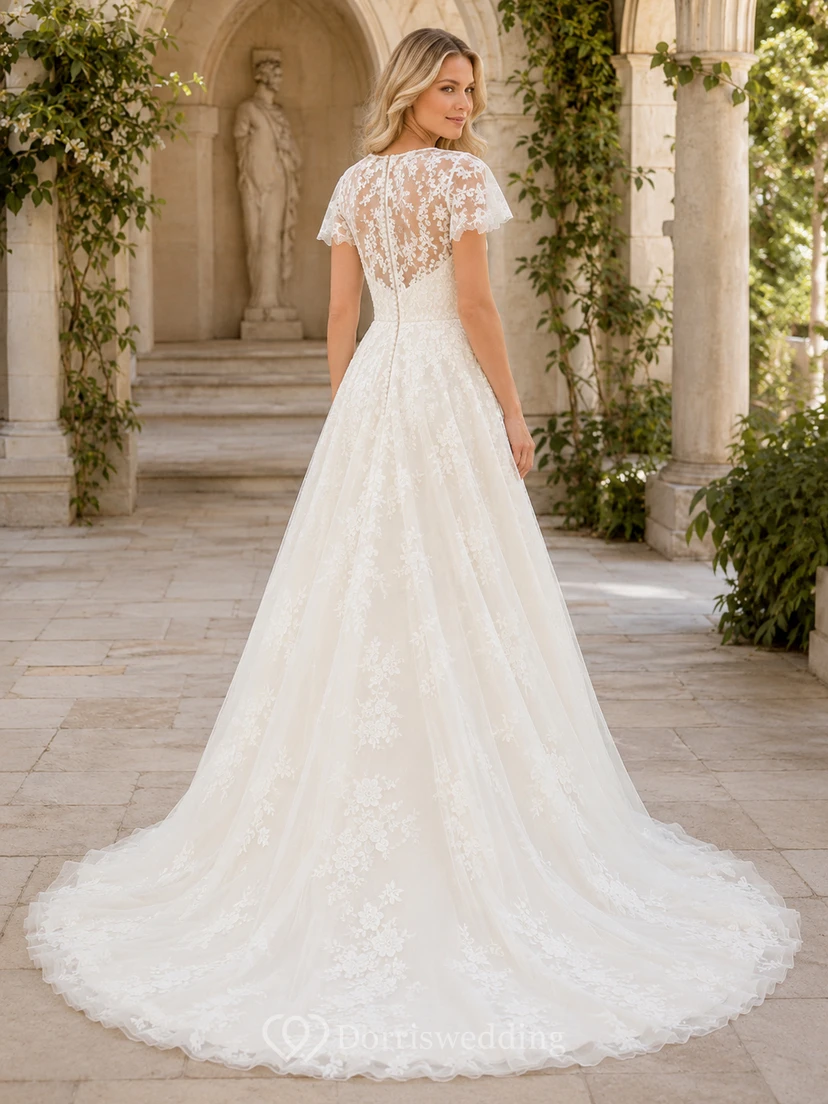 Temple Illusion Lace Flutter Sleeve A-Line Wedding Dress view 2