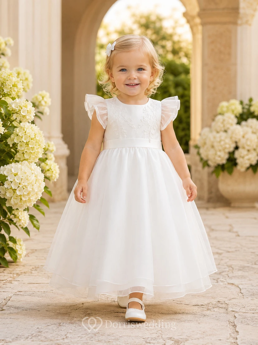 Taufkleid mit flatternden Ärmeln, A-Linie, Organza, Tüll, Rundhalsausschnitt, Teelänge