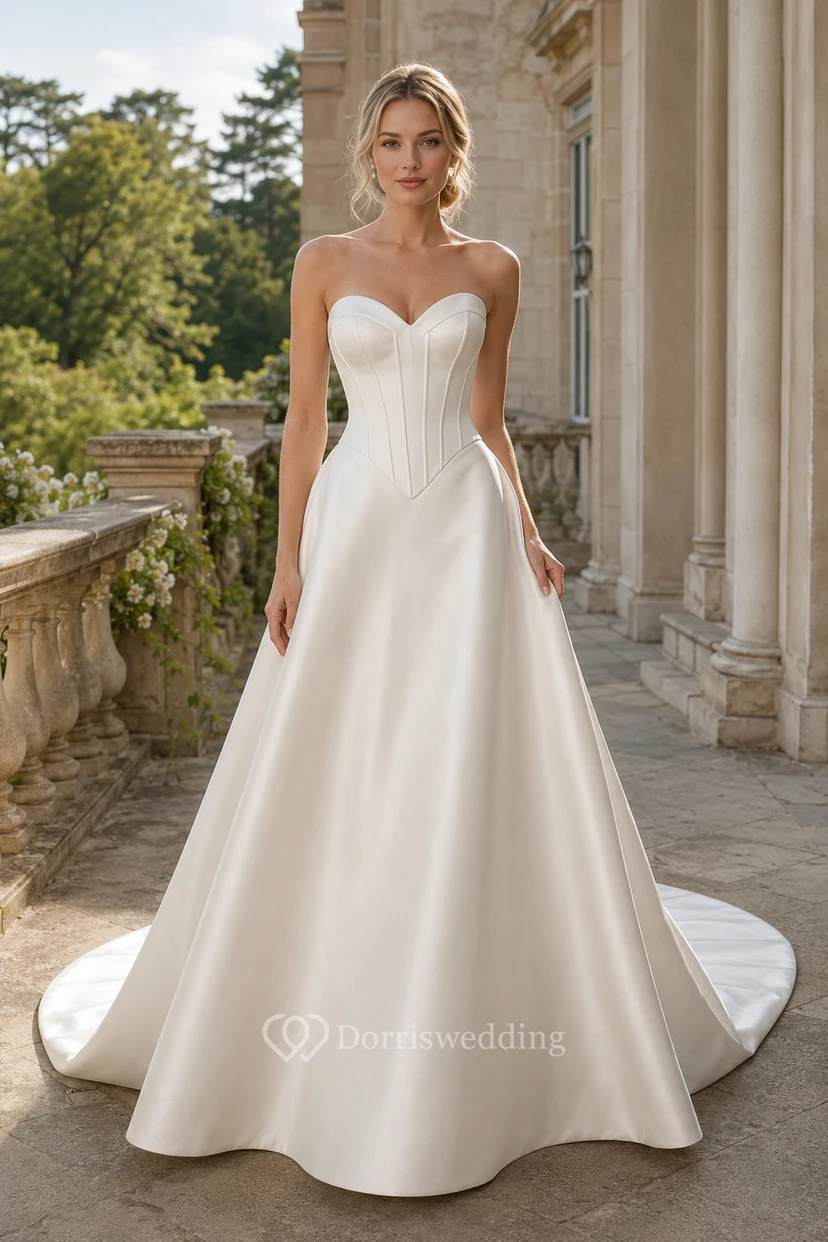 Strapless Satin A-Line Wedding Dress with Corset Bodice