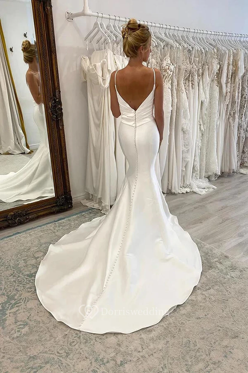 Spaghetti Satin Ruched Mermaid Wedding Dress with Court Train view 2