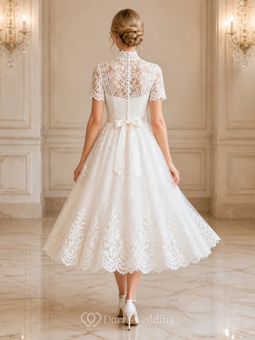 Vestido de novia romántico de corte A hasta la rodilla con cuello alto y mangas cortas view 2