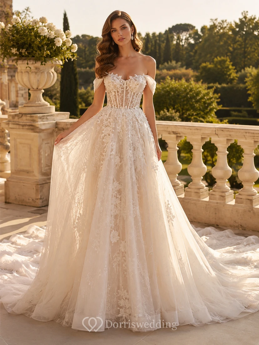 Lace Tulle Wedding Dress A-Line Off Shoulder Short Sleeve Sweep Train Bridal Gown