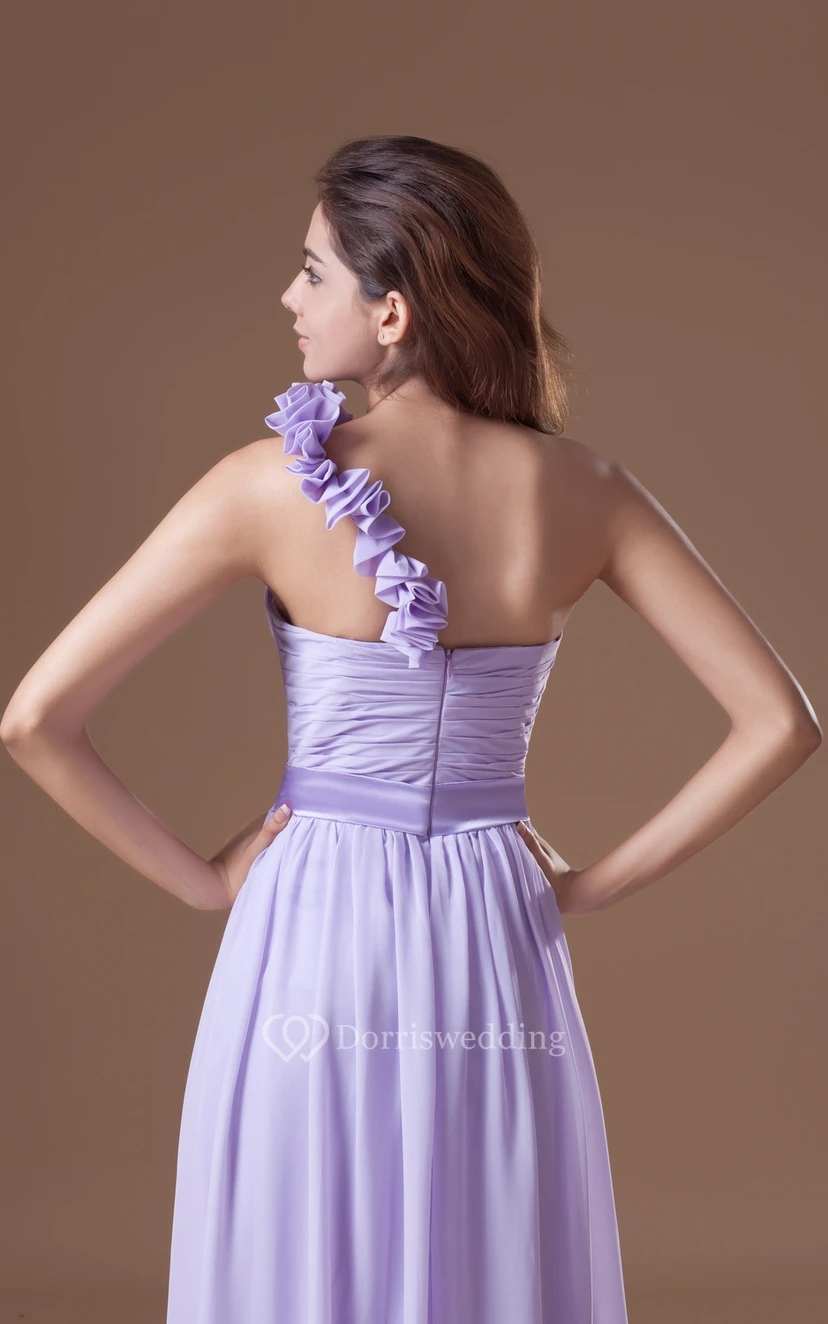 Ruched Floor-Length Chiffon Dress With Floral Strap view 7