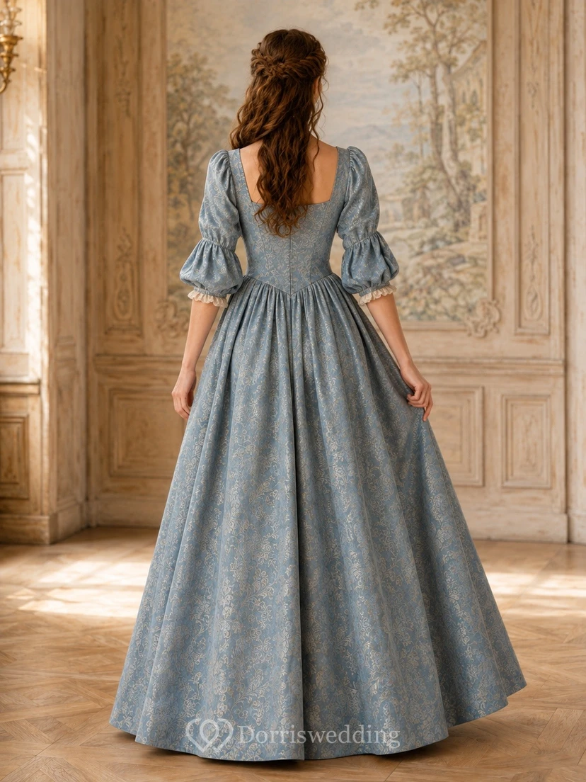 Vestido de gala largo hasta el suelo de tafetán de terciopelo azul acero con escote cuadrado y mangas acampanadas view 2