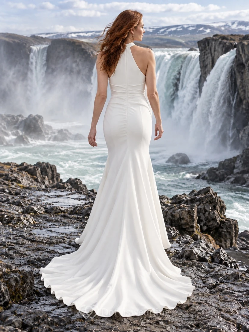 Simple Halter Neck Crepe Mermaid Wedding Dress with Ruched Waist and Covered Back view 2