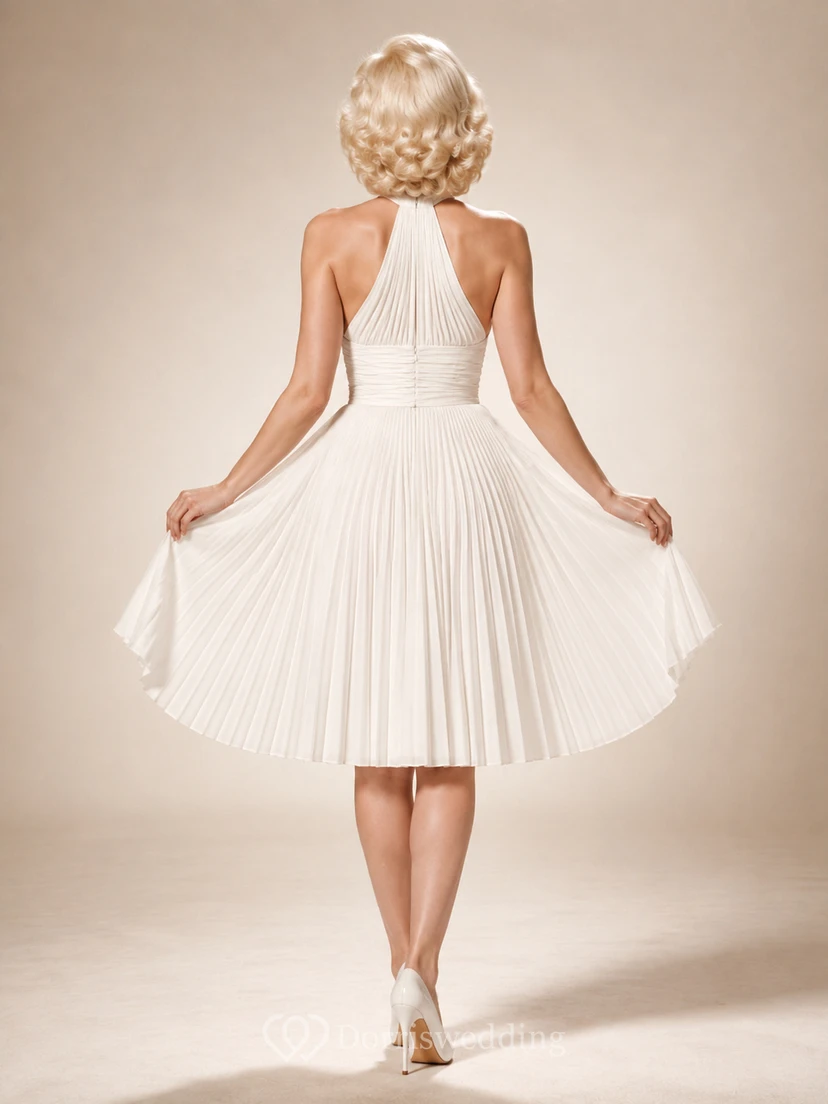 Retro Halter Pleated Tea Length Hollywood Bridal Dress view 2
