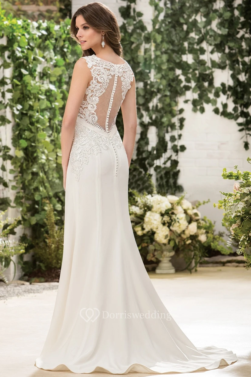 Vestido de novia largo sin mangas con escote en V y espalda con apliques de ilusión view 2