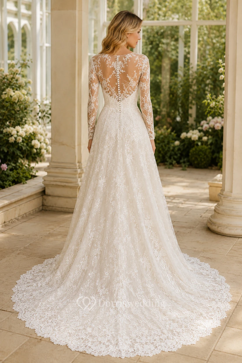 Robe de mariée en dentelle et tulle, coupe trapèze, bustier cœur, manches longues, traîne. view 2