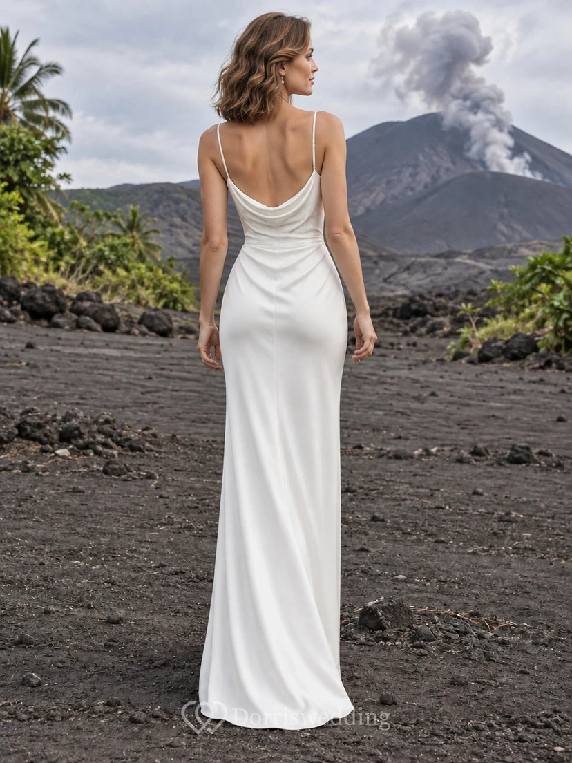 Schlichtes, bodenlanges Brautkleid aus Satin mit Spaghettiträgern und Wasserfallausschnitt view 2