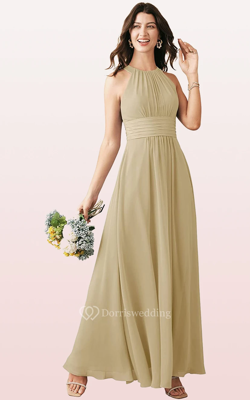Modern Halter A Line Sleeveless Ankle-length Chiffon Bridesmaid Dress With Ruching view 15