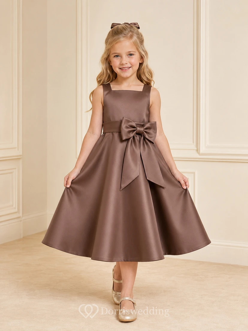 Schlichtes A-Linien-Kleid aus Satin mit Schleife, Rundhalsausschnitt, wadenlangem Rock und Schleifendetail.