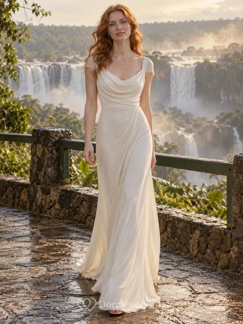 Schlichtes Brautkleid aus Crêpe mit Wasserfallausschnitt, kurzen Ärmeln und drapiertem Etuirock