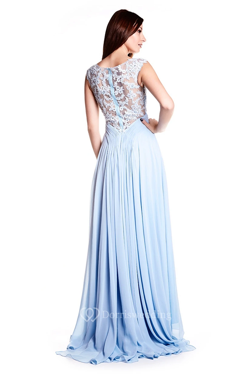 Cap Sleeve Bateau Neck Appliqued Chiffon Prom Dress With Illusion Back view 2