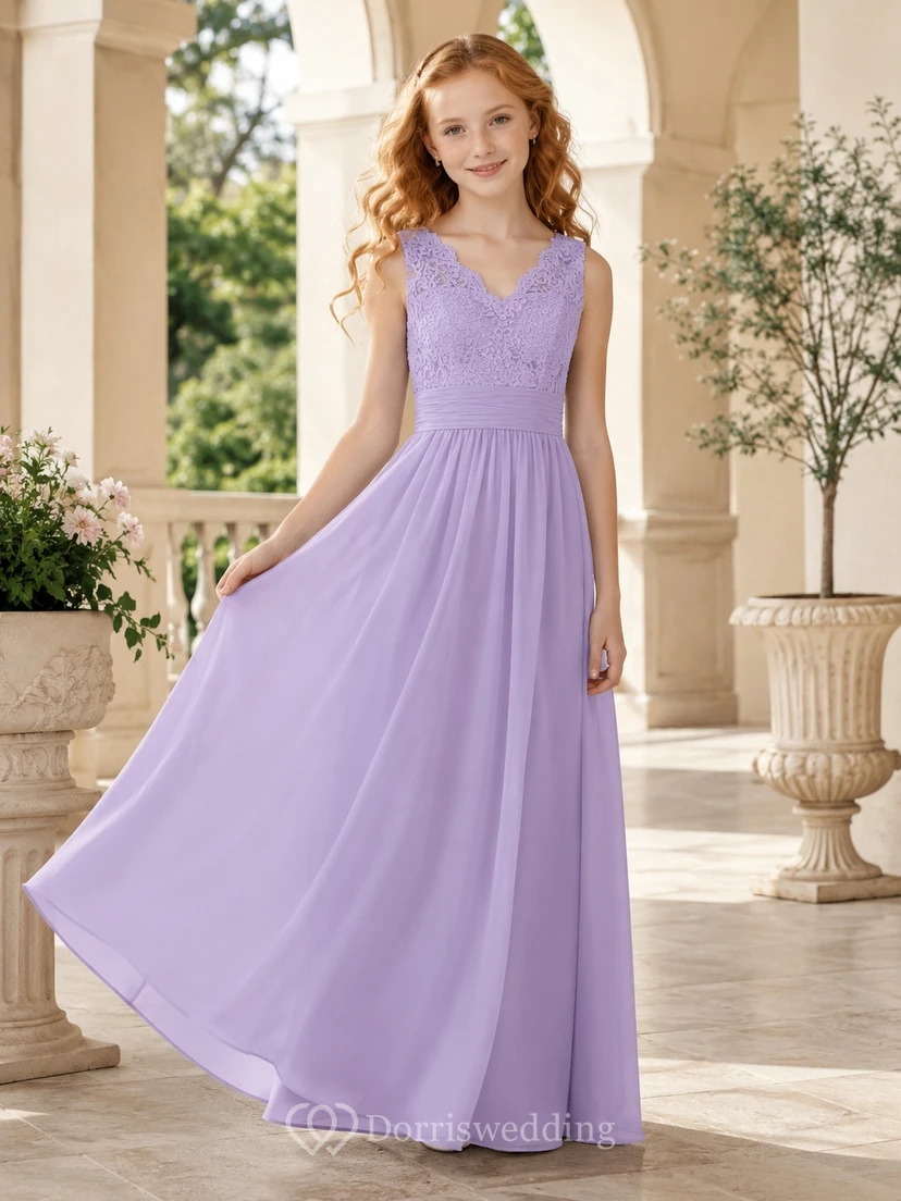 Lavendelfarbenes Brautjungfernkleid, A-Linie, ärmellos, mit Muschelsaum, Spitze und Chiffon, elegant