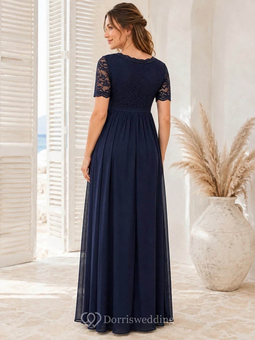 Maternity Modest Navy Bateau Lace Cap Sleeve Floor-Length Dress view 2