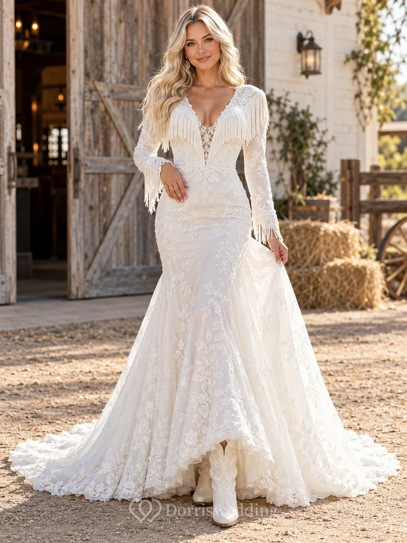 Western Country High-low Long Sleeve Mermaid Fringe Lace Wedding Dress