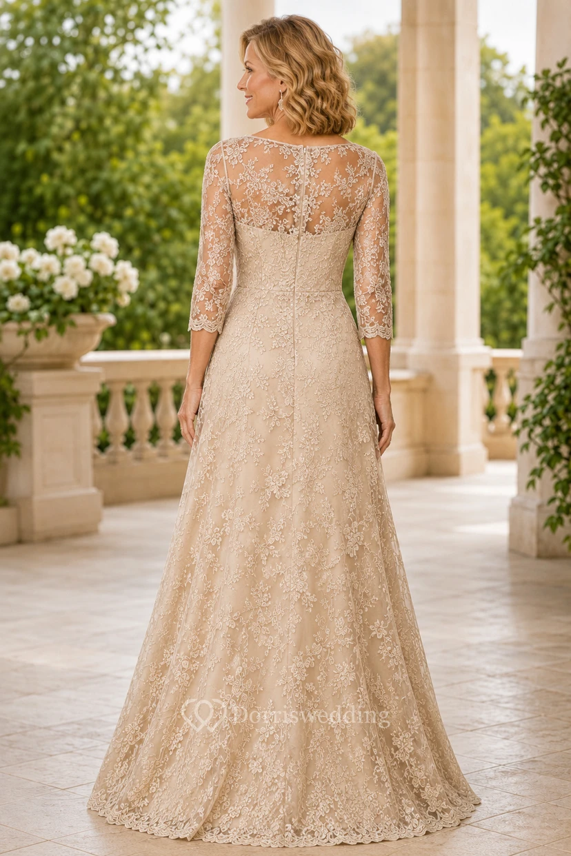 MOB Dress Champagne Lace Sequin A-Line 3/4 Sleeve Bateau Neck Floor Length Beaded view 2