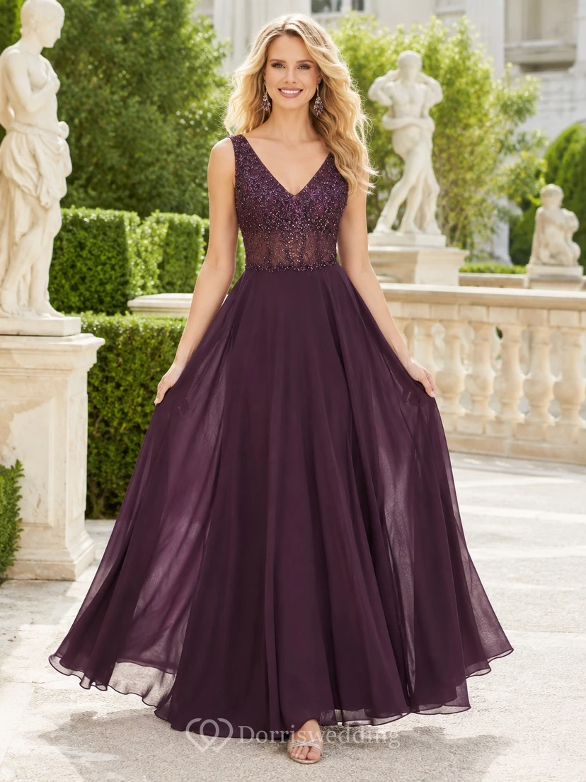 Plum V-Neck Sleeveless Chiffon A-Line Floor-length Sweep Romantic Bridesmaid Gown