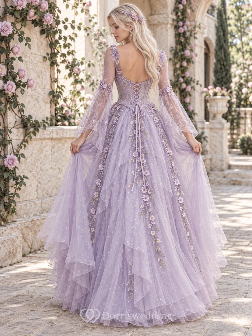 Fairy Lavender Sweetheart Bell Sleeve Floral Lace Corset Layered Gown view 2