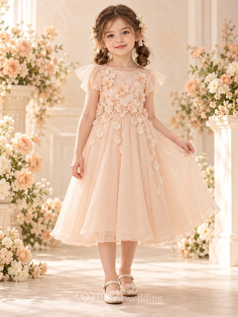 Blush Flutter Sleeve Petal Applique Tea-length Flower Girl Dress