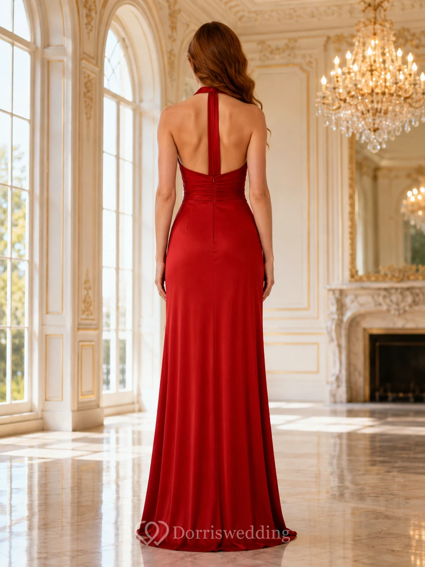 Red Halter Ruched Satin Floor Length Sheath Gown view 2