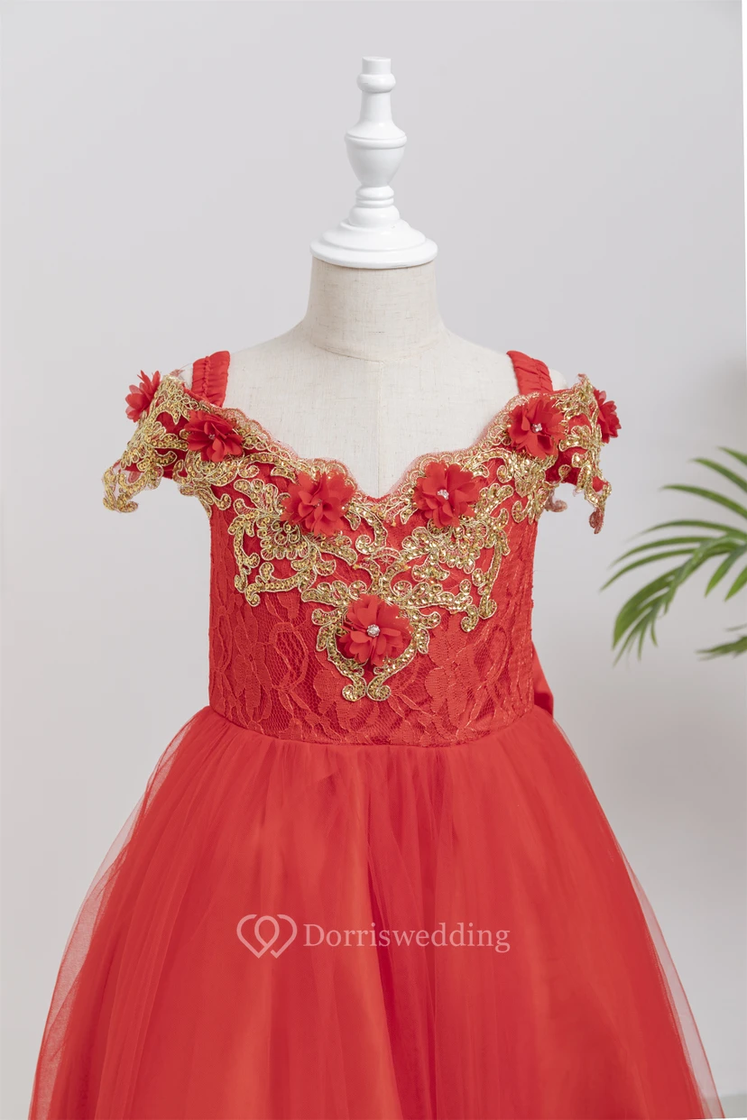 Cap Red Ball Gown Applique Flowergirl Dress with Pop up Petal view 9