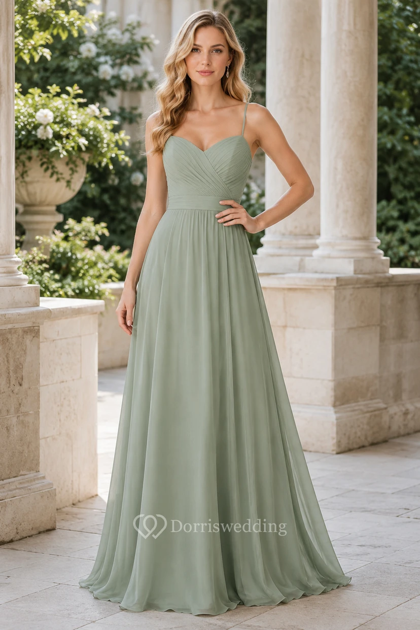 Sage Spaghetti Strap Chiffon A-Line Bridesmaid Dress with V-Neck