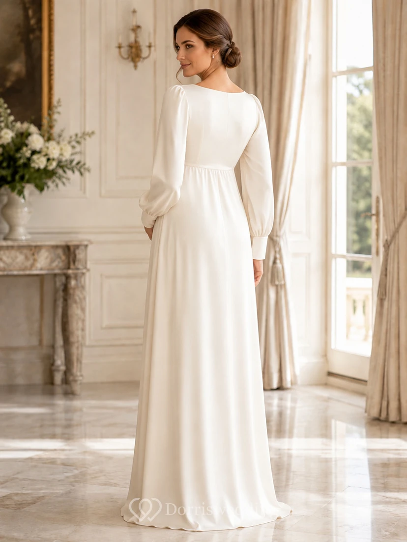 Cream Maternity Long Puff Sleeve Square Neck Satin A-Line Floor Length Modest Gown view 2