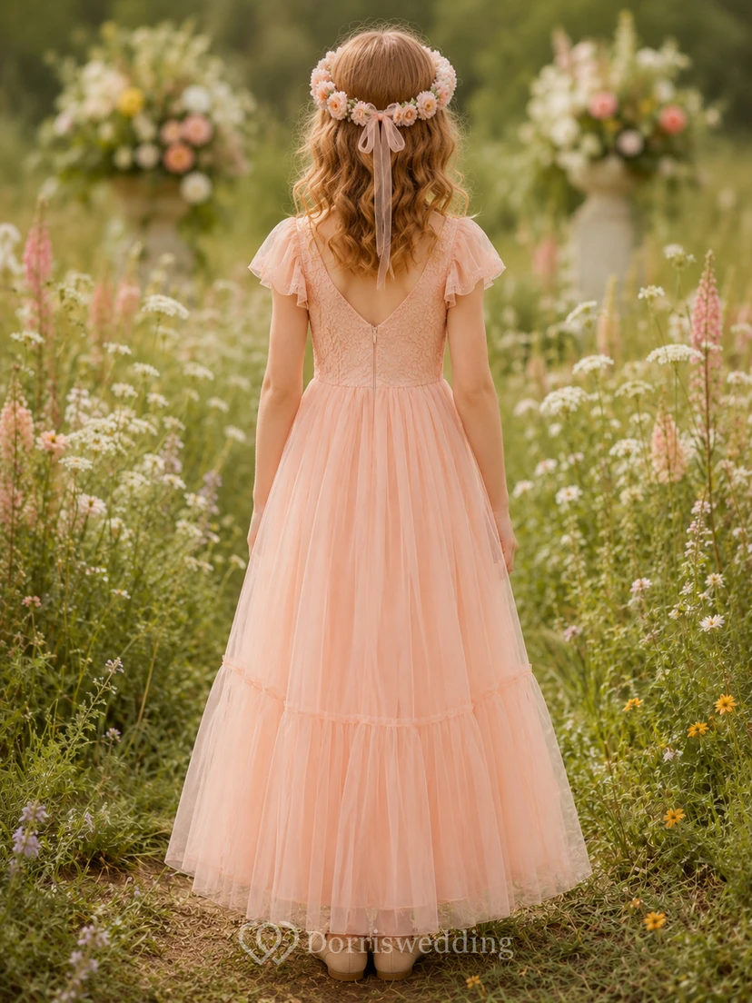 Blumenmädchenkleid aus korallenfarbenem Tüll, A-Linie, Rundhalsausschnitt, Teelänge view 2