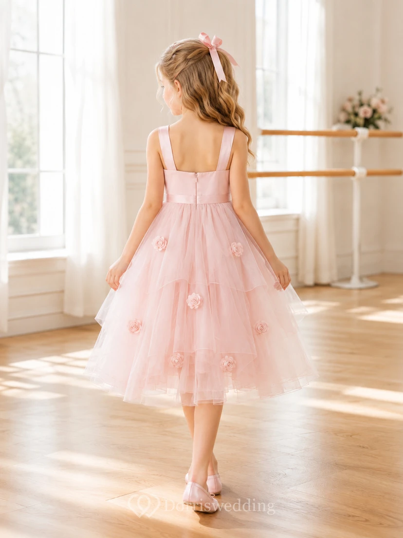 Pearl Pink Square Neck High-Low A-Line Flower Girl Dress with Satin Bow, Rosette Appliques and Layered Tulle view 2