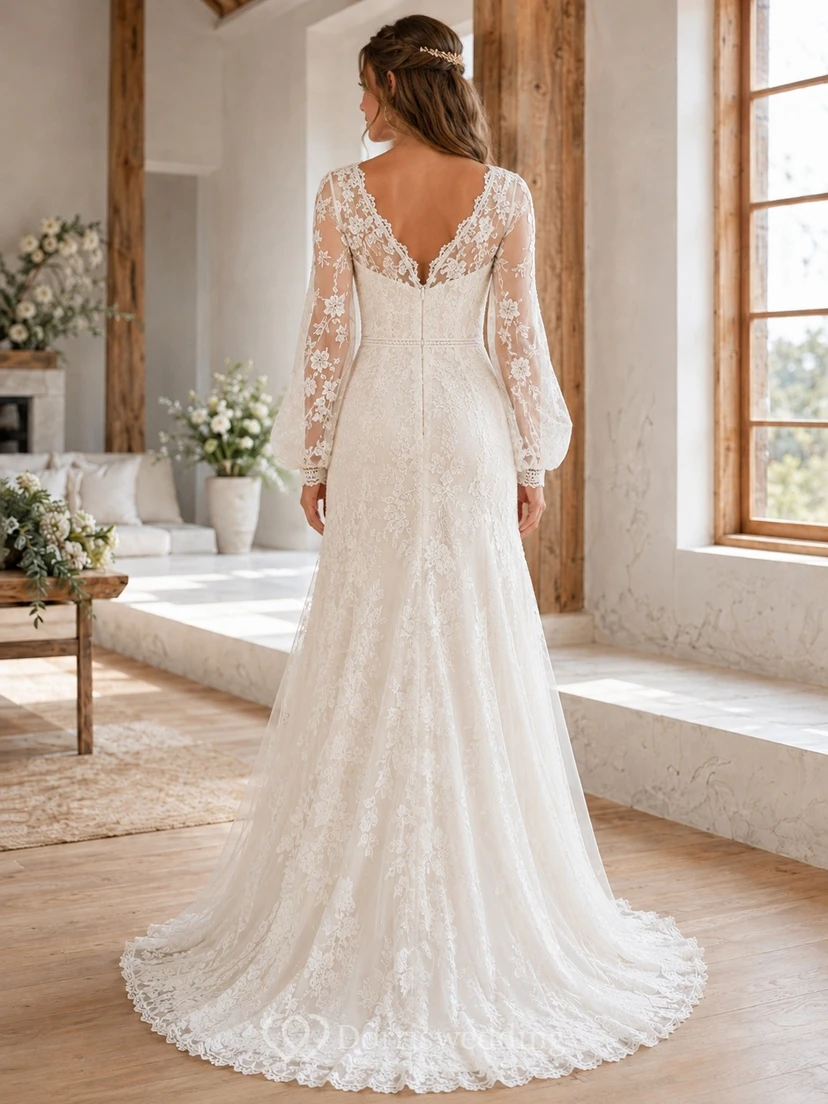 Vestido de novia bohemio de encaje estilo sirena, largo hasta el suelo, con escote en V y mangas largas view 2