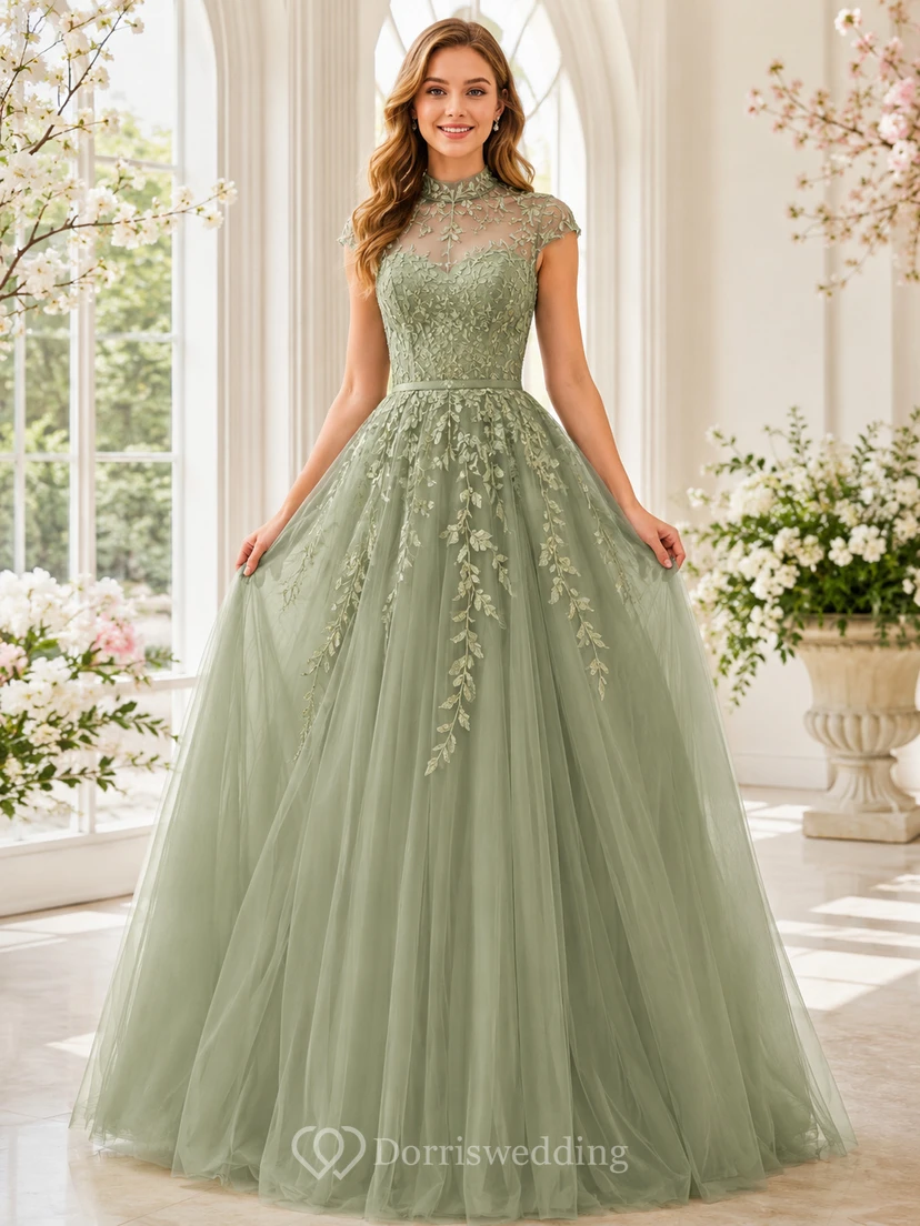Vestido de fiesta formal de princesa para quinceañera, estilo princesa, de cuello alto y manga corta, color verde salvia, con encaje floral.
