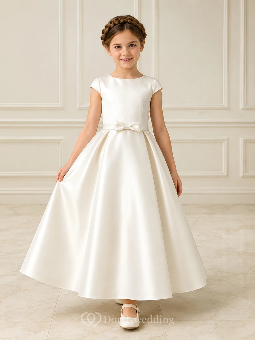 Vestido de niña de flores de satén color marfil con botones en la espalda.