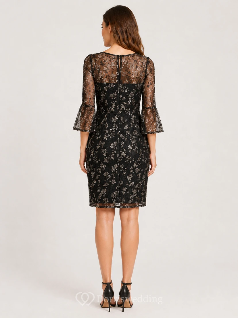 Short Pencil Knee-Length Bateau 3/4 Length Sleeve Lace Homecoming Dress with Lace view 2