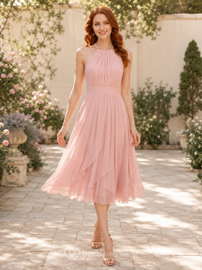 Blush Halter Chiffon Tea-Length Cocktail Dress