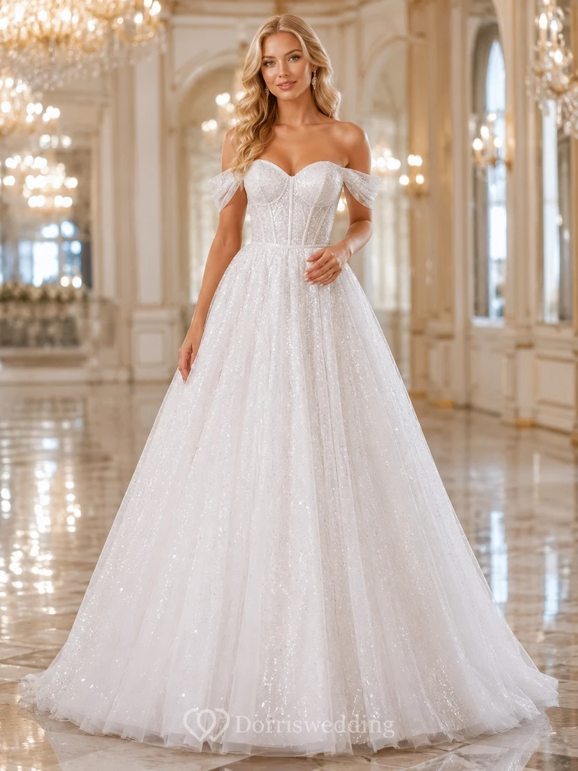 Robe de bal longue en tulle blanc scintillant, sans bretelles, coupe trapèze, décolleté cœur, sans bretelles.