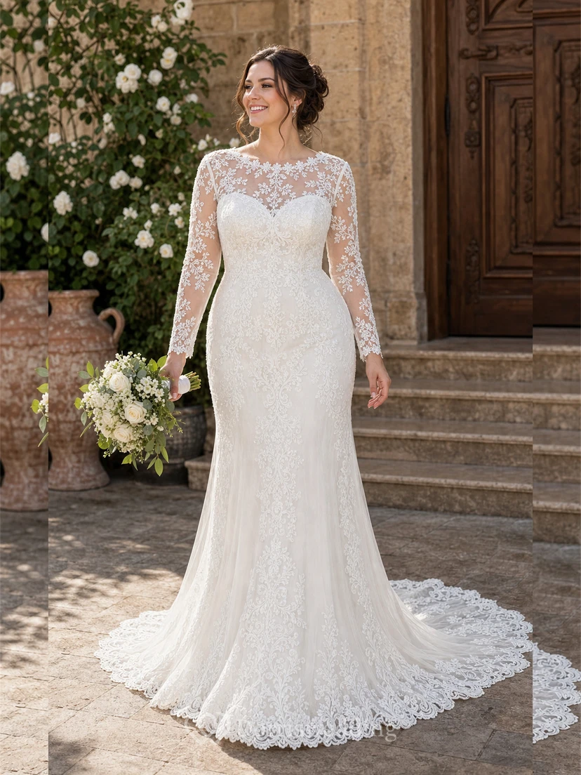 Sheath Long-Sleeve High Neck Tulle&Lace Wedding Dress With Sweep Train view 9